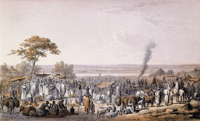 A sokotói piac 1853-ban, Heinrich Barth (1821-65) "Utazások és felfedezések Észak- és Közép-Afrikában" című művéből, Eberhard Emmenger (1808-85) metszetében, 1857-ben (színes metszet)
